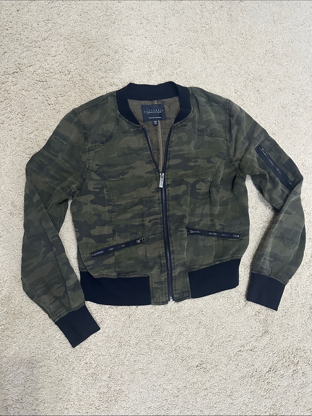 Sanctuary Green Camouflage Bomber Jacket